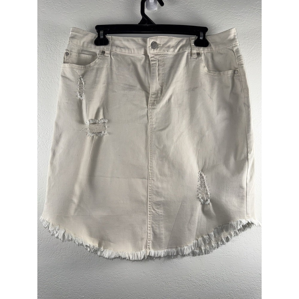 Womens Denim Size 16 Cream‎ Distressed Jean Skirt Frayed Hem Stretch 32x21